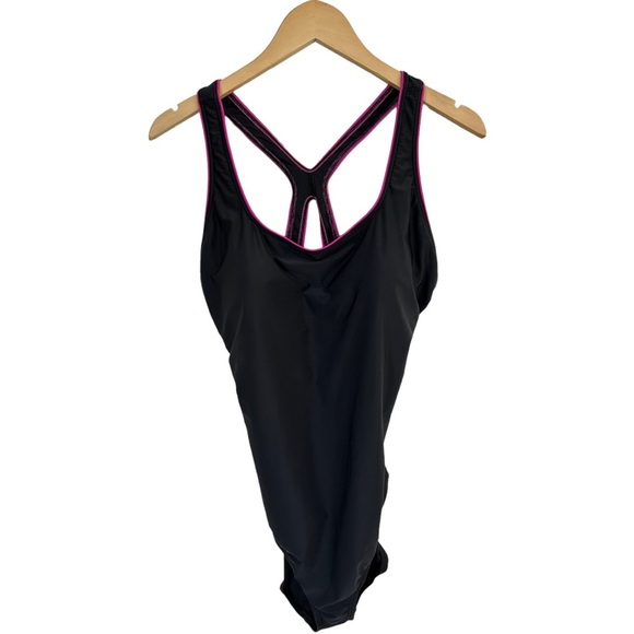 Speedo Ultraback Swimsuit Black with Hot Pink Piping One Piece Racerback Size 18 - Picture 8 of 16